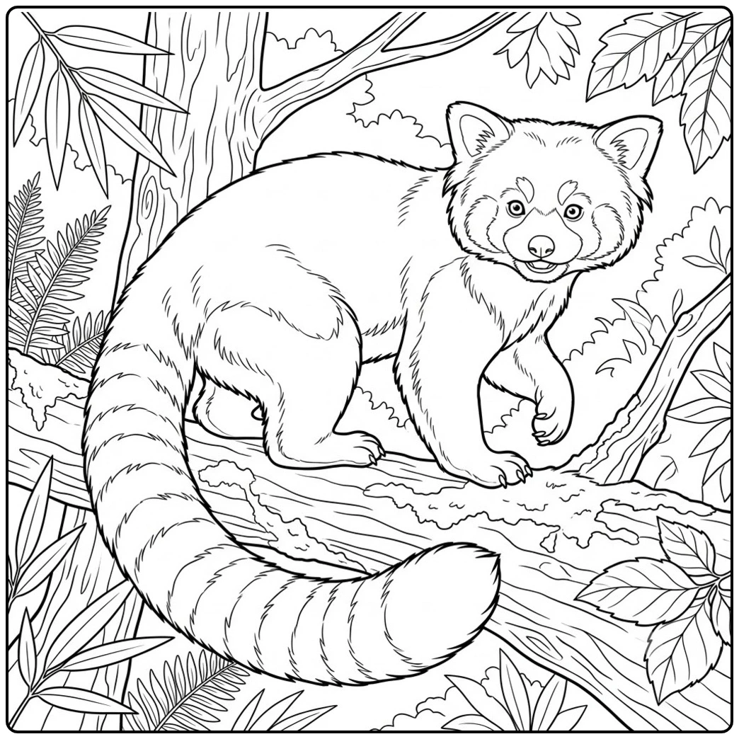 Alert red panda on a mossy branch in a realistic red panda coloring page