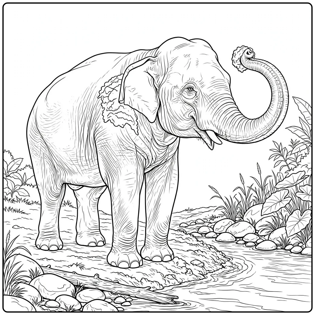 Asian elephant raises its trunk beside a river with mud on its back and tropical plants