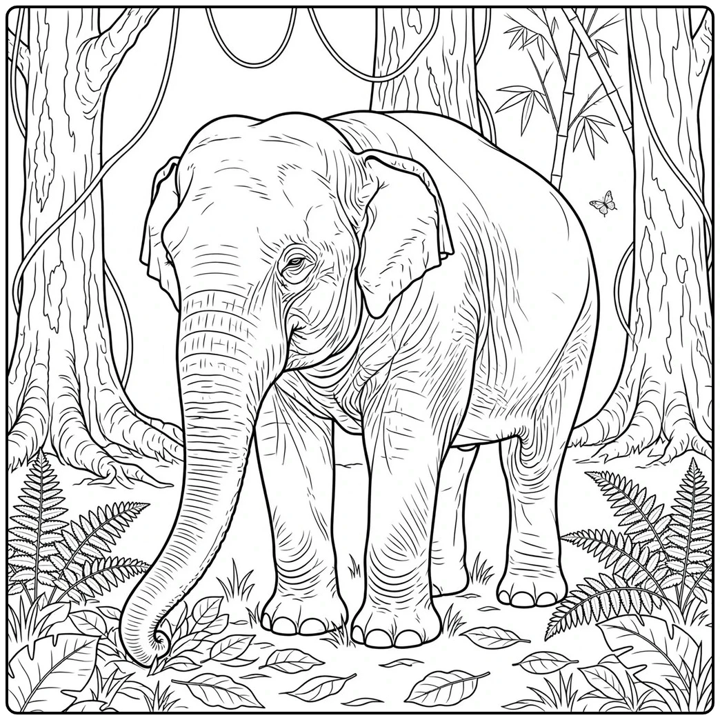 Asian elephant coloring page with a lone elephant exploring a leafy forest clearing