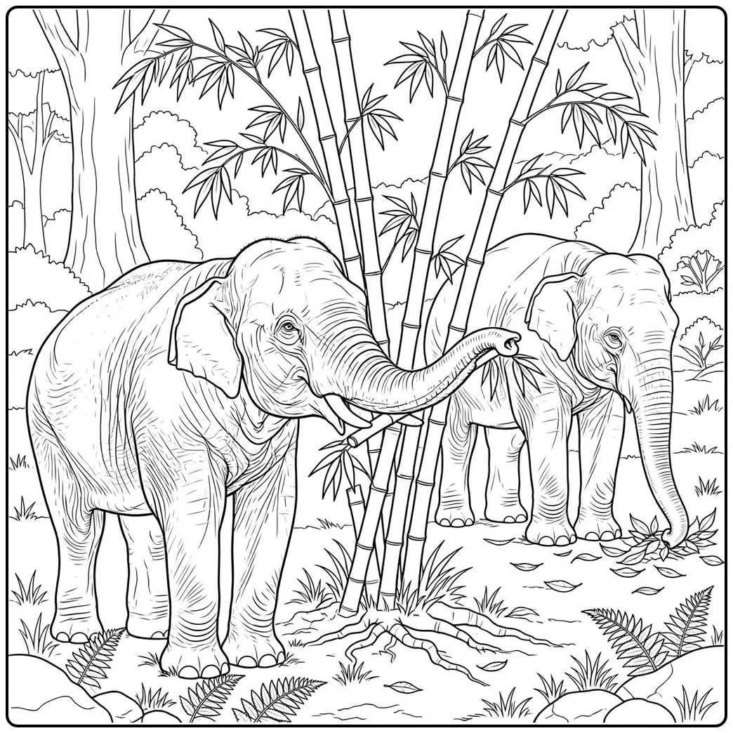 Two Asian elephants forage beside tall bamboo and scattered forest leaves