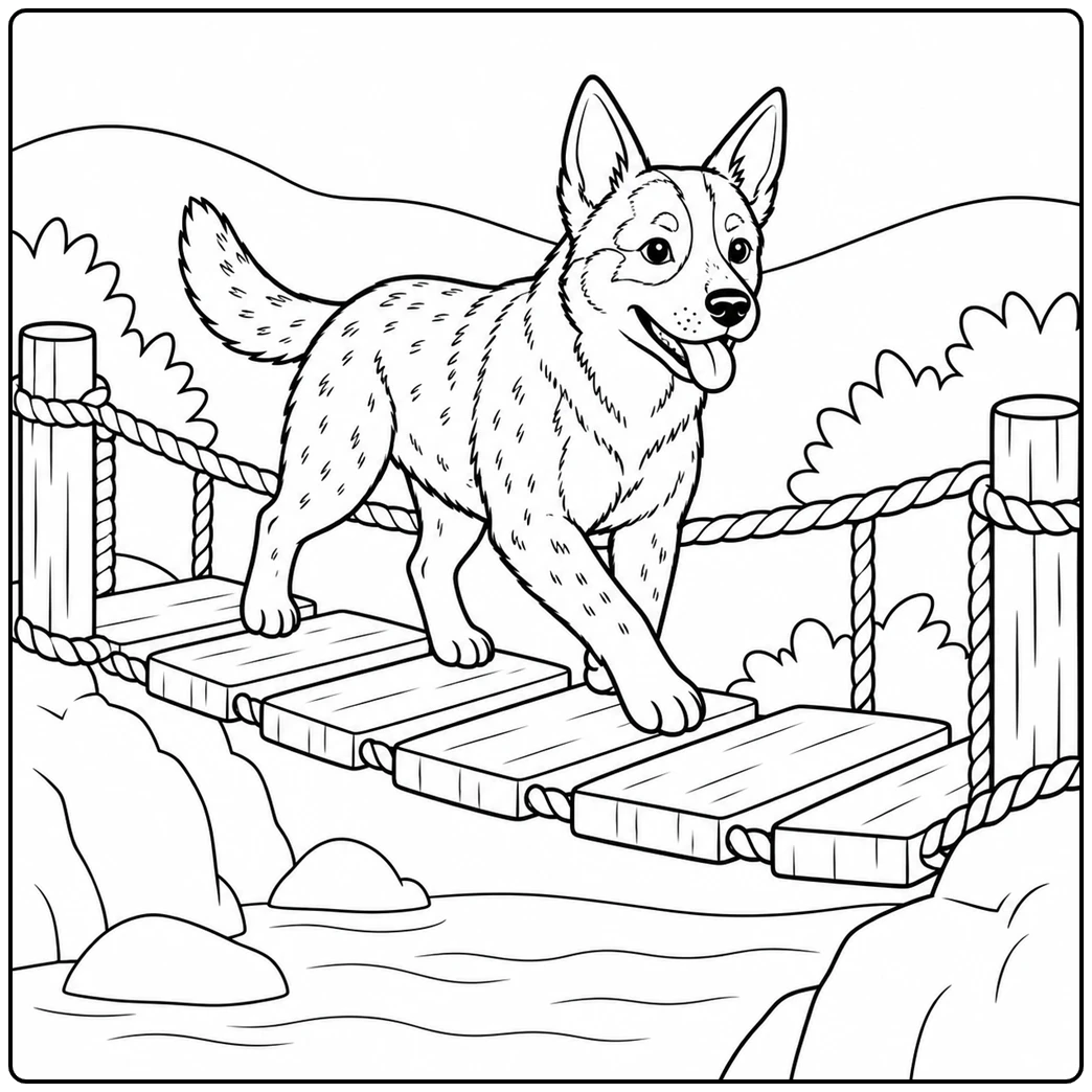 Australian Cattle Dog carefully crosses a rope bridge over a shallow rocky stream