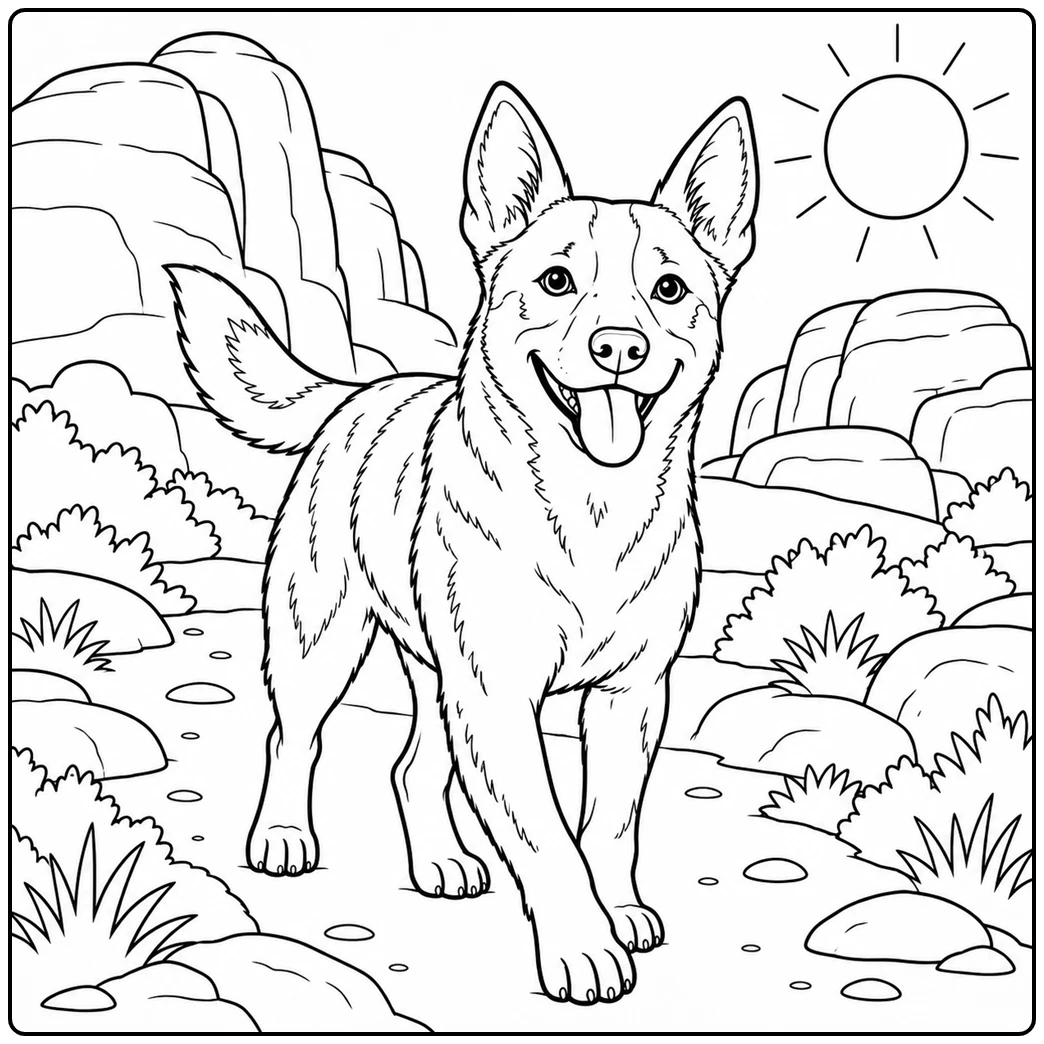 Australian Cattle Dog explores a rocky desert trail beneath a bright round sun