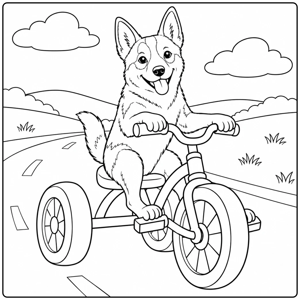 Happy rider on an australian cattle dog coloring page pedals a large tricycle