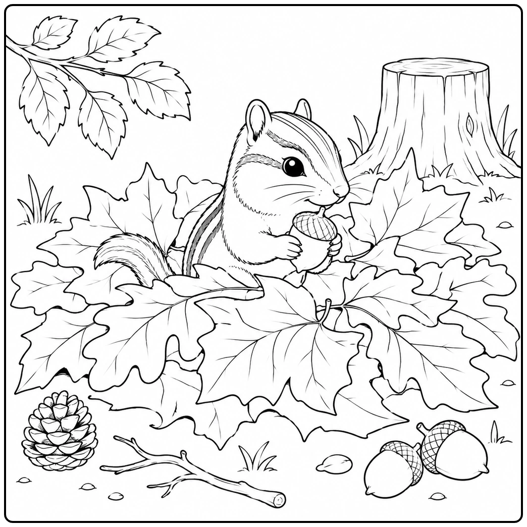 Autumn leaves surround a chipmunk peeking near a stump in this chipmunk coloring page