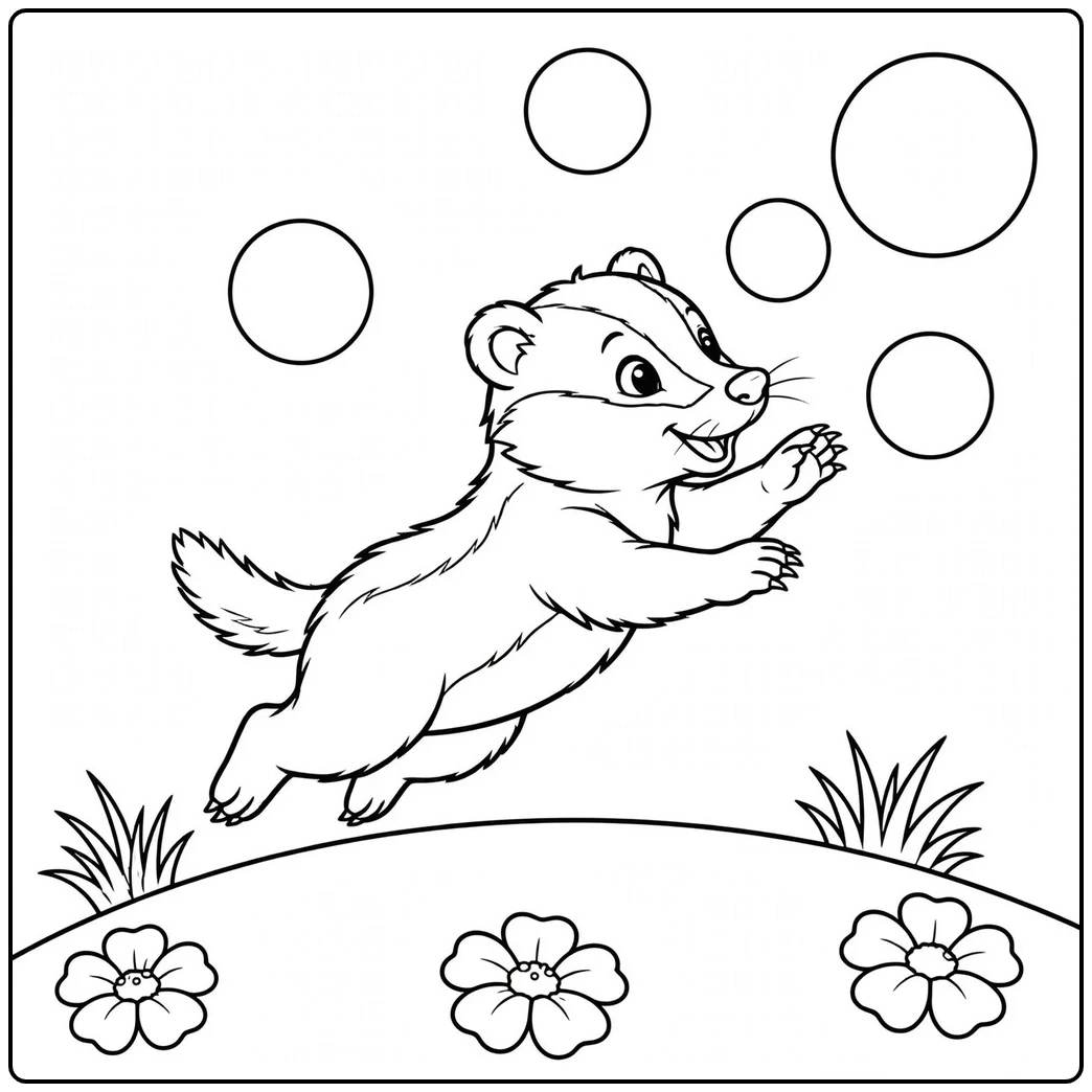 A joyful badger cub leaps toward floating bubbles above a flower-dotted hill.