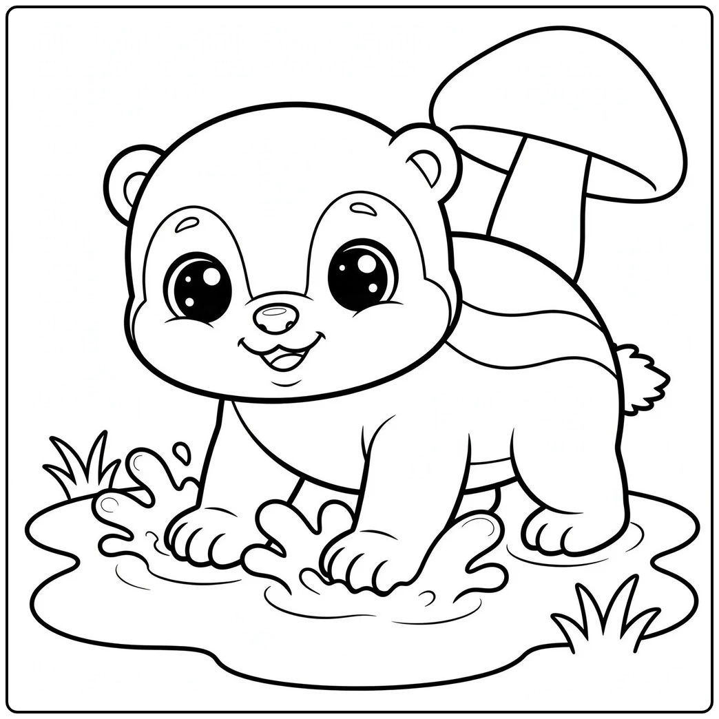 A wide-eyed baby honey badger splashes in a puddle beside a large mushroom.