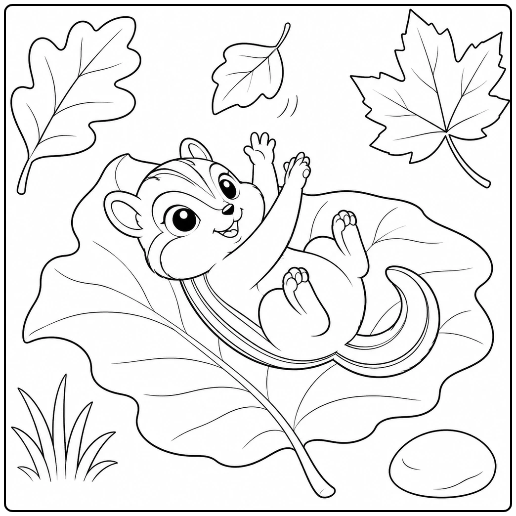 Baby chipmunk lying on a broad leaf with paws raised toward a falling leaf