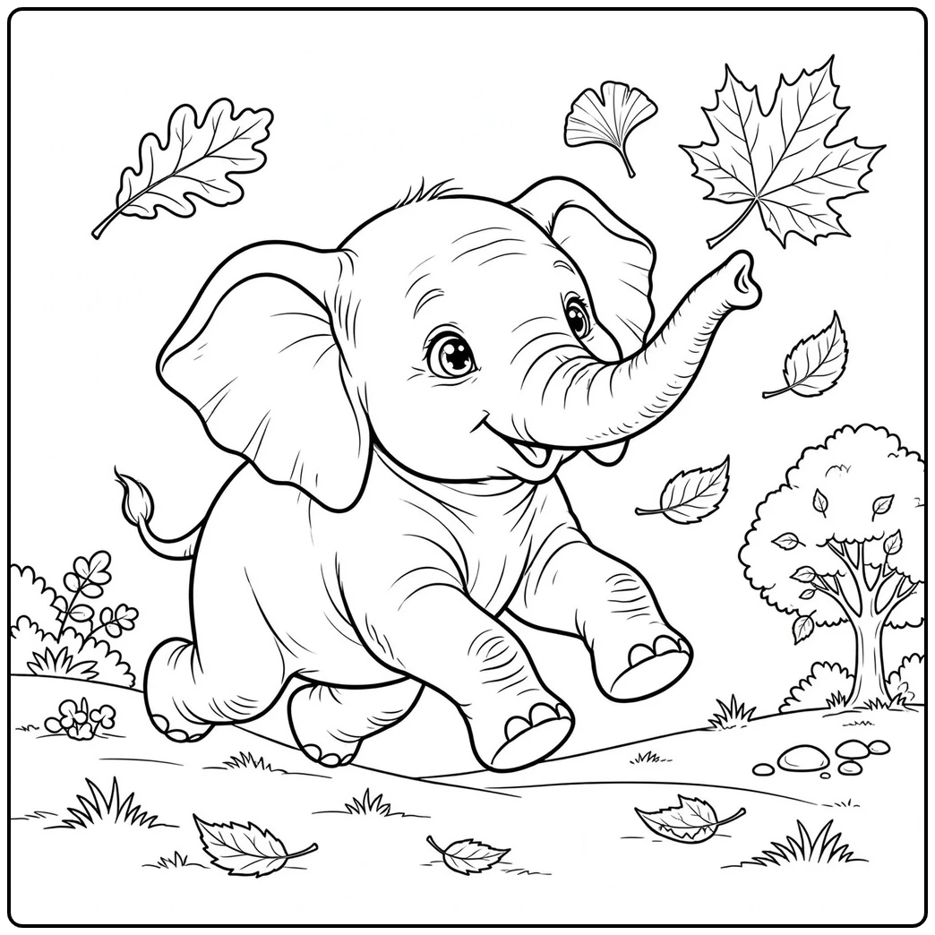 Cute baby elephant coloring page with a calf chasing large falling leaves through a park