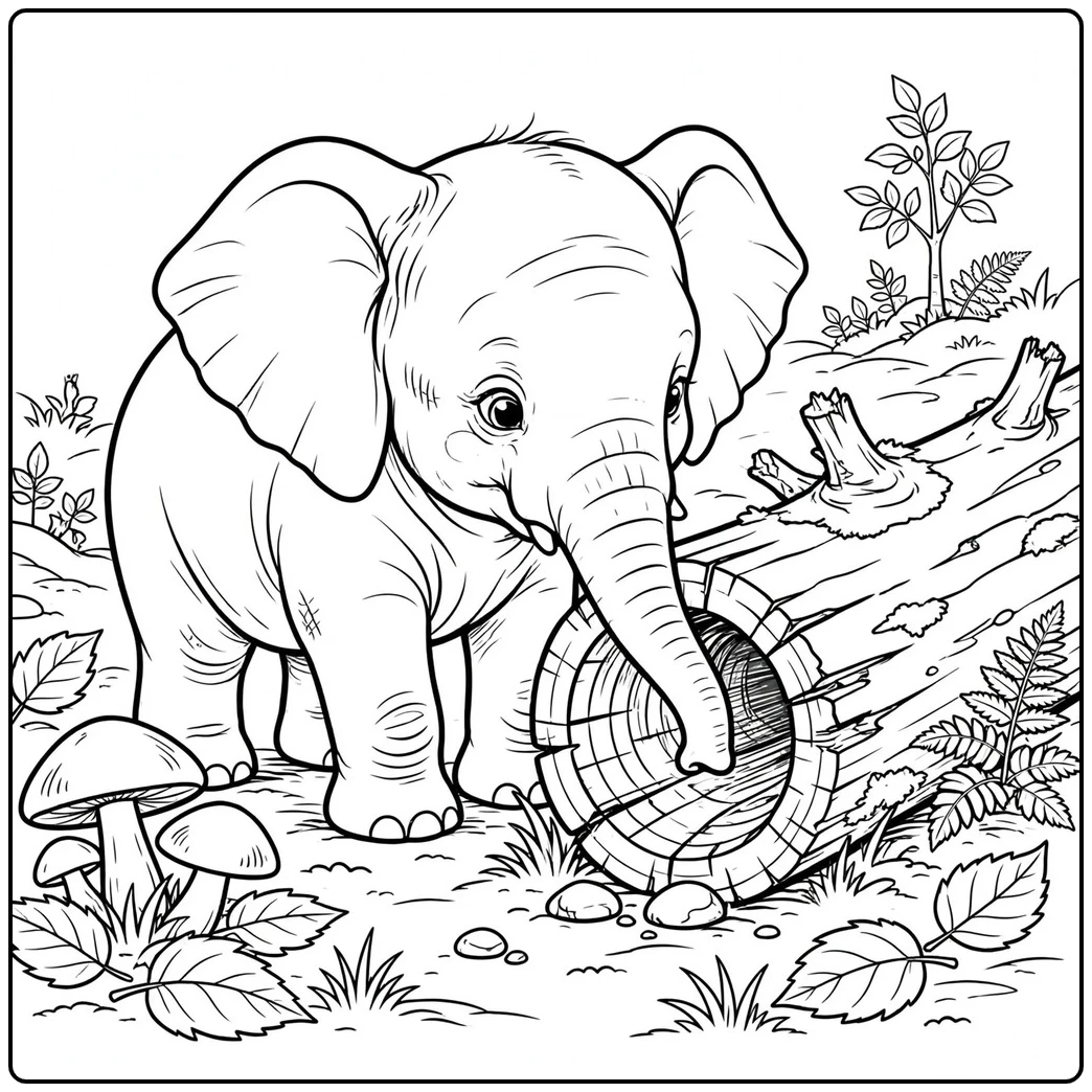 Curious baby elephant explores a hollow log beside mushrooms, leaves, and forest plants