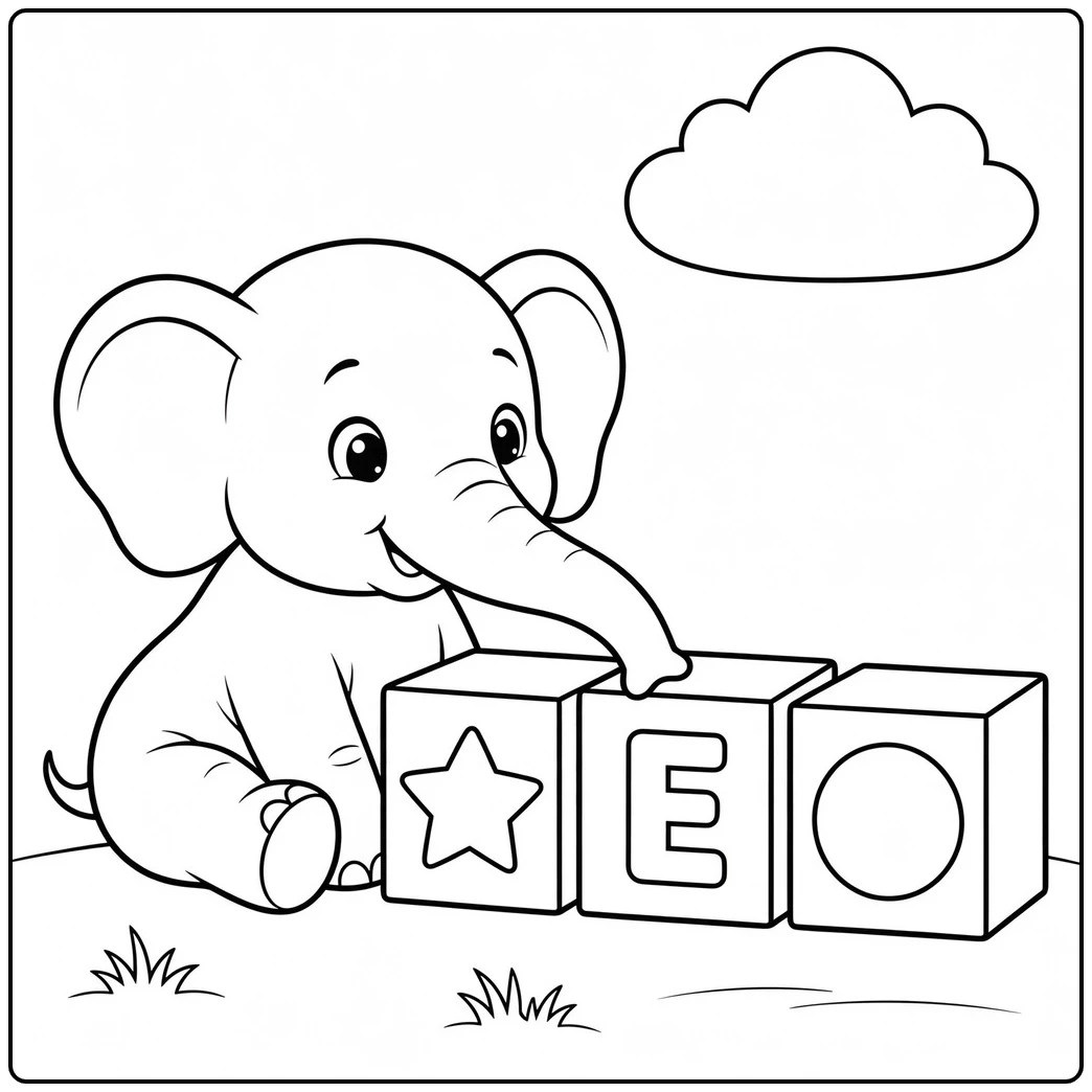 Baby elephant touches the letter E block beside star and circle toy cubes