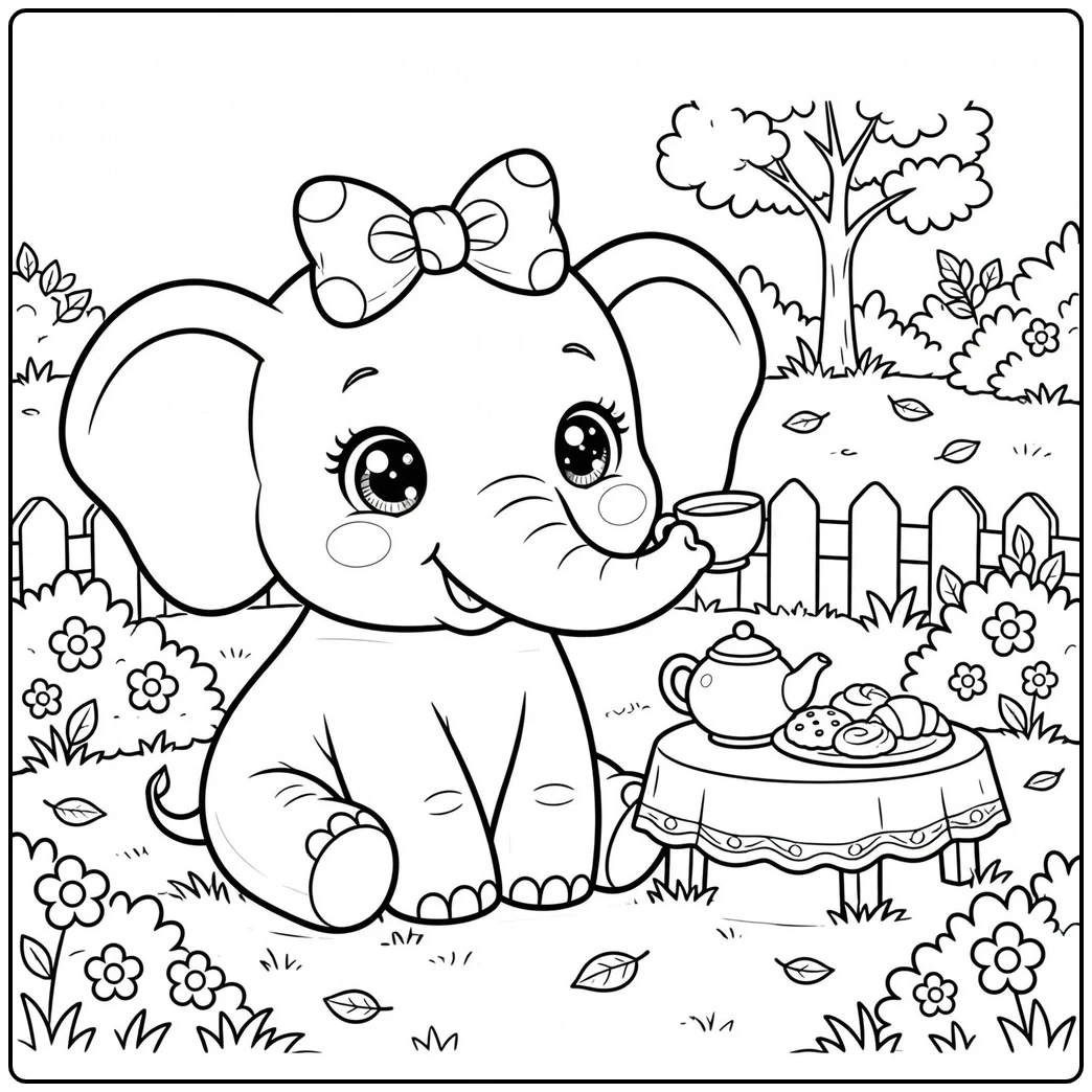 Bow-wearing baby elephant enjoys tea and pastries at a small garden table