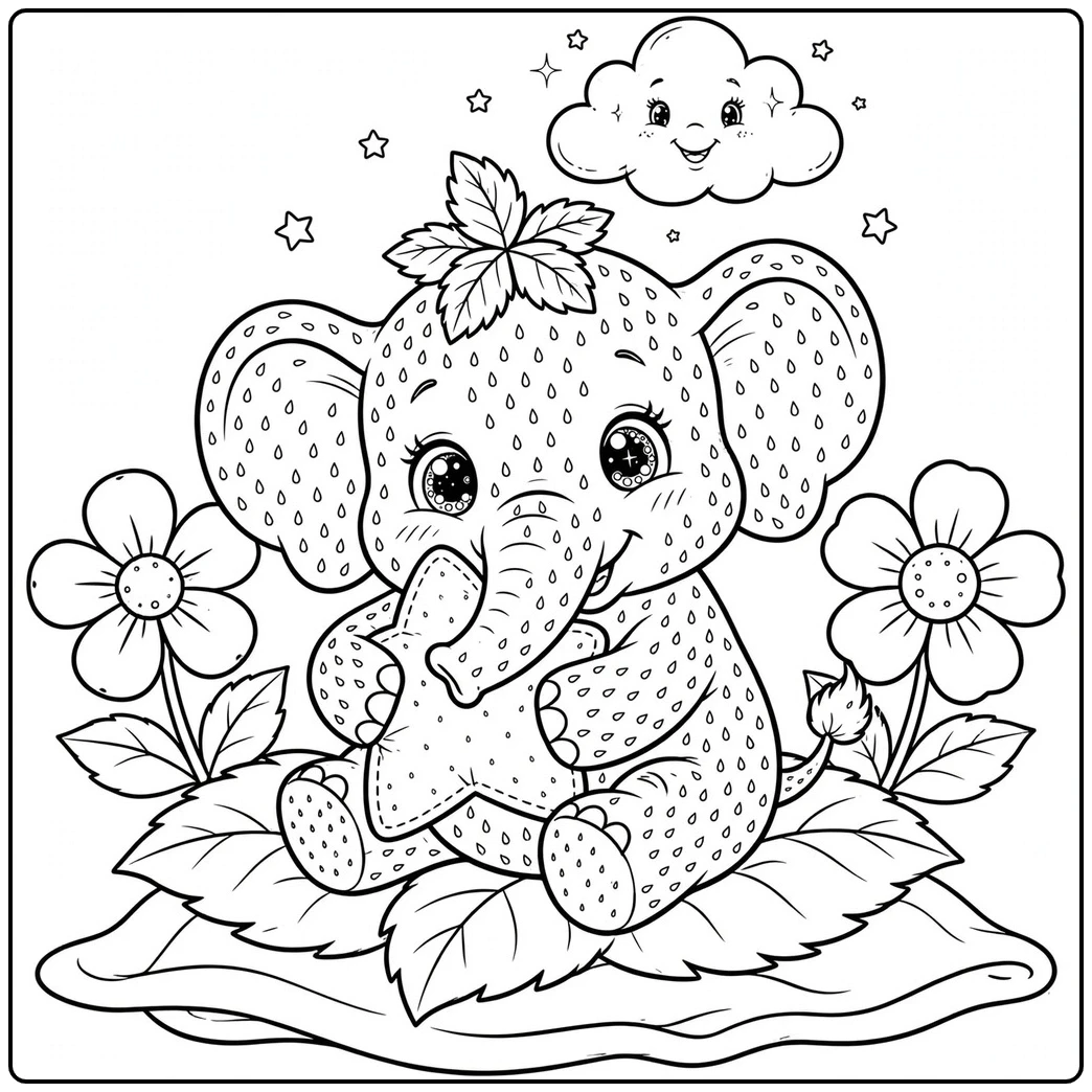 Star pillow cuddle on a strawberry elephant coloring page framed by flowers and leaves