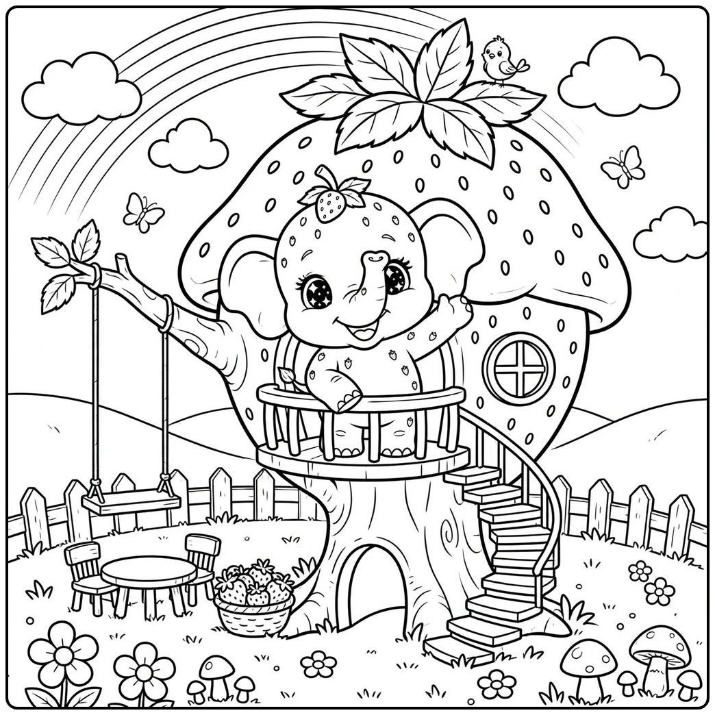 Baby Strawberry Elephant waves from a berry-shaped treehouse with swing and garden flowers