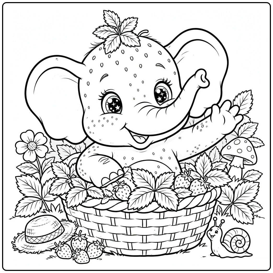 Baby Strawberry Elephant peeks from a berry basket beside a straw hat, snail, and mushrooms