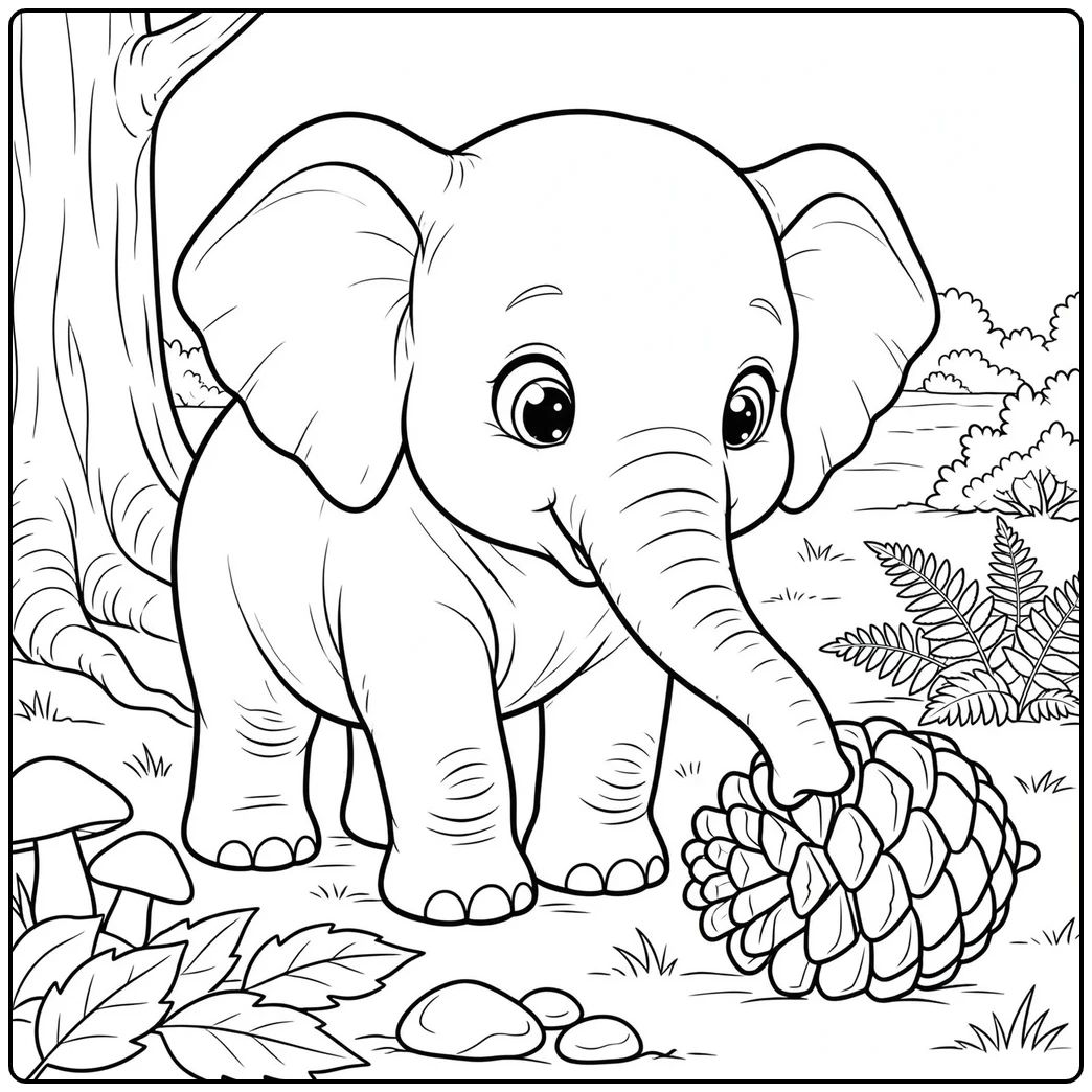 Young elephant nudges a giant pinecone near mushrooms, leaves, rocks, and a tree