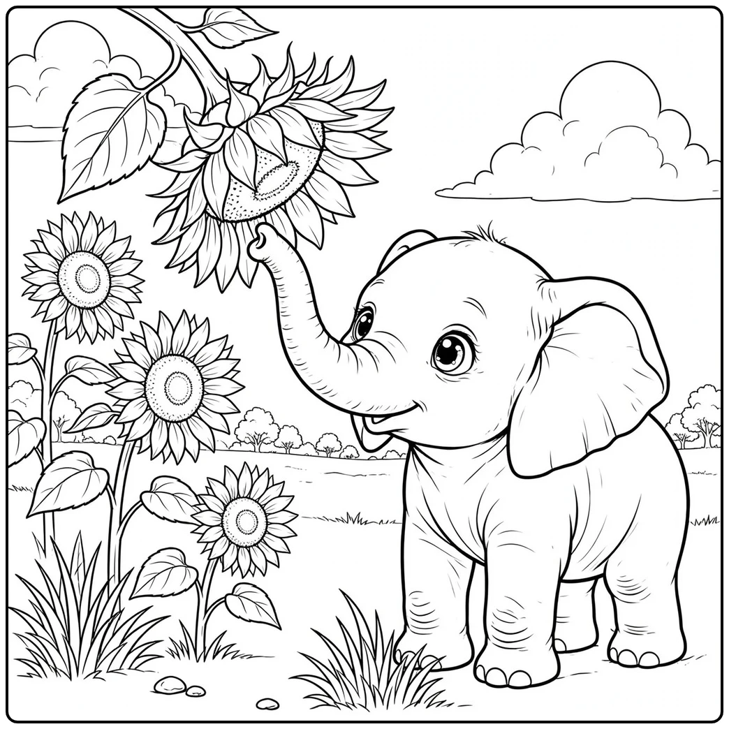 Cute baby elephant reaches its trunk toward a tall sunflower in an open field
