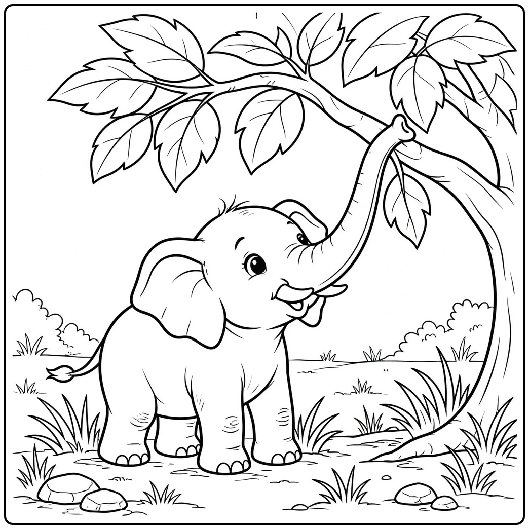 Young elephant reaches for tree leaves in a baby elephant coloring page scene