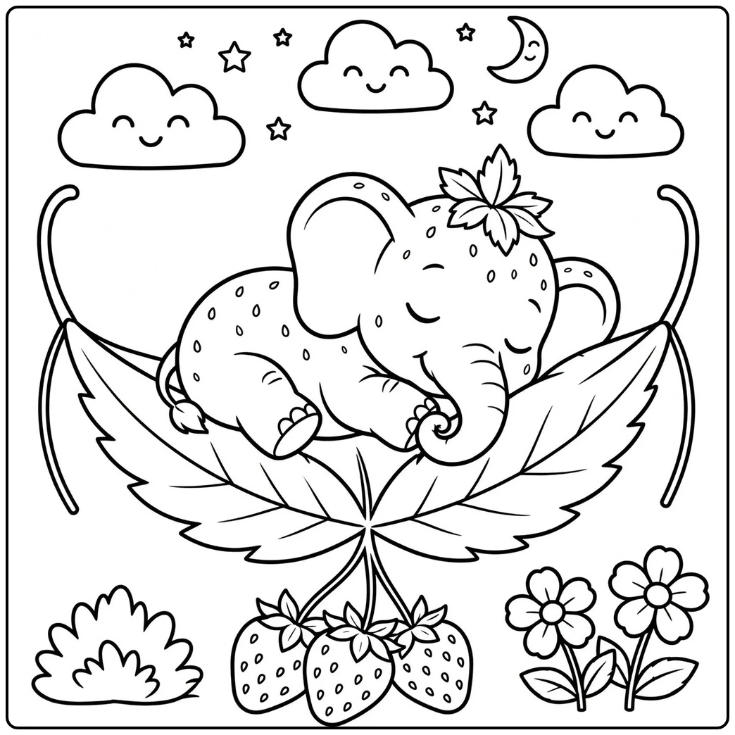 Sleeping baby on a giant leaf in this strawberry elephant coloring page with moon and stars