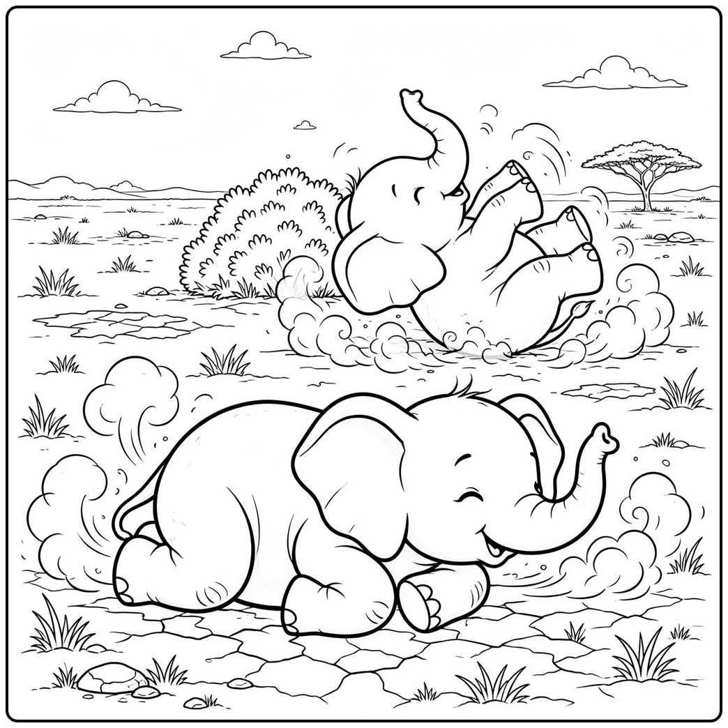 Two baby elephants roll through dry savanna dust with bushes and scattered grass