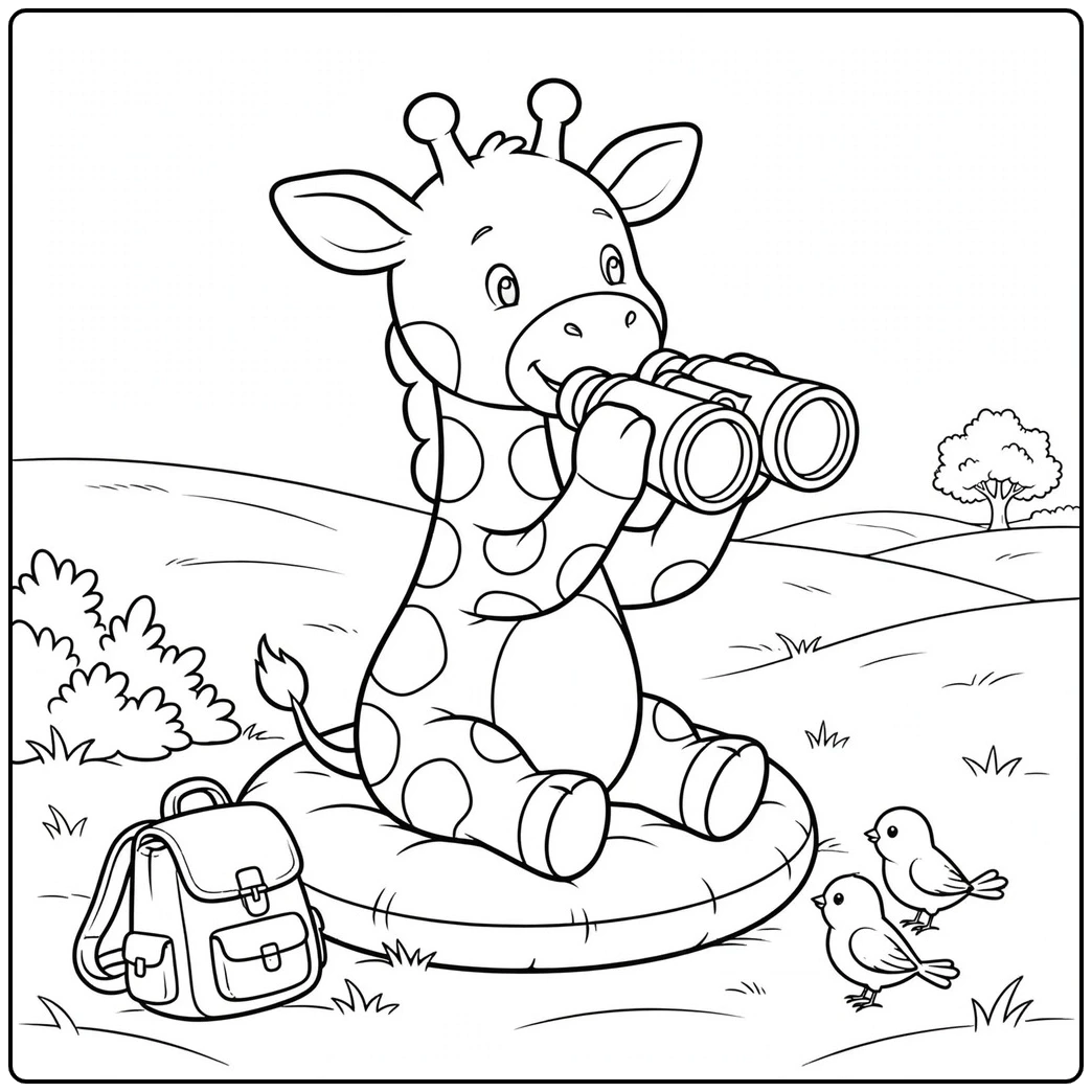 Baby giraffe sits on a cushion using binoculars near a backpack and two small birds