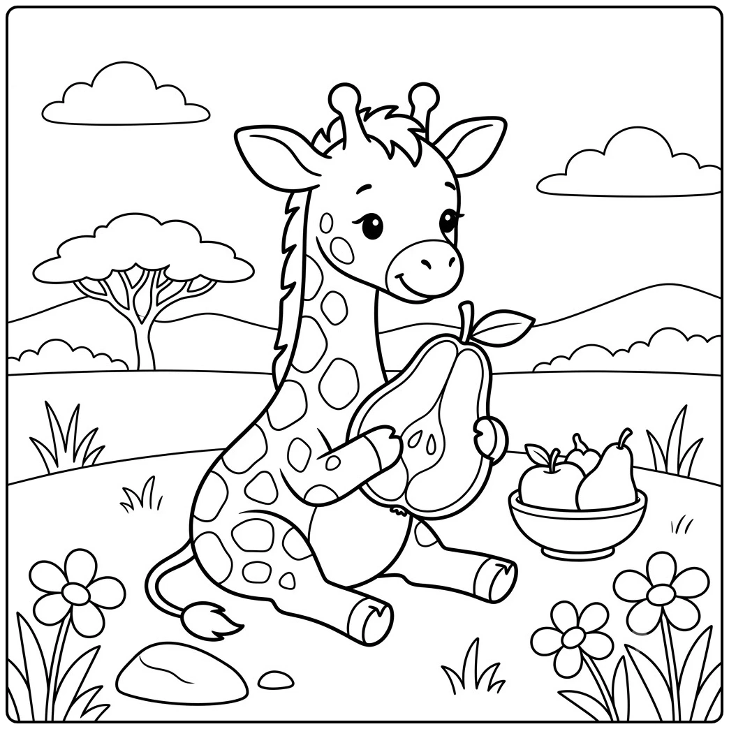 A short-necked calf holds a pear beside a fruit bowl in baby giraffe coloring pages.