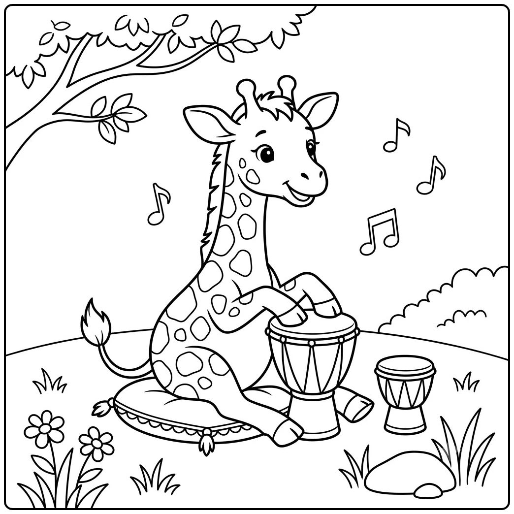 Smiling baby giraffe plays a hand drum outdoors beneath a leafy tree branch.