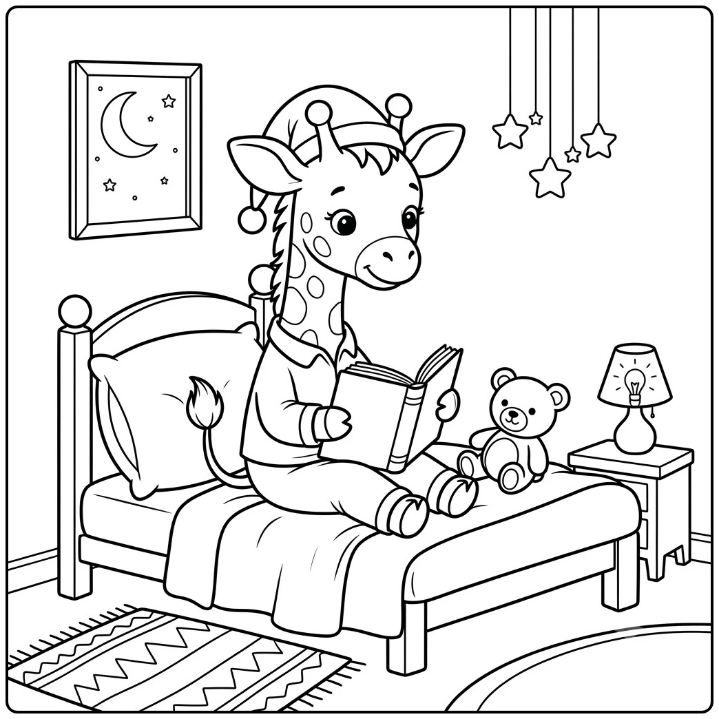 Bedtime reading with pajamas, a teddy bear, and cute baby giraffe coloring pages.
