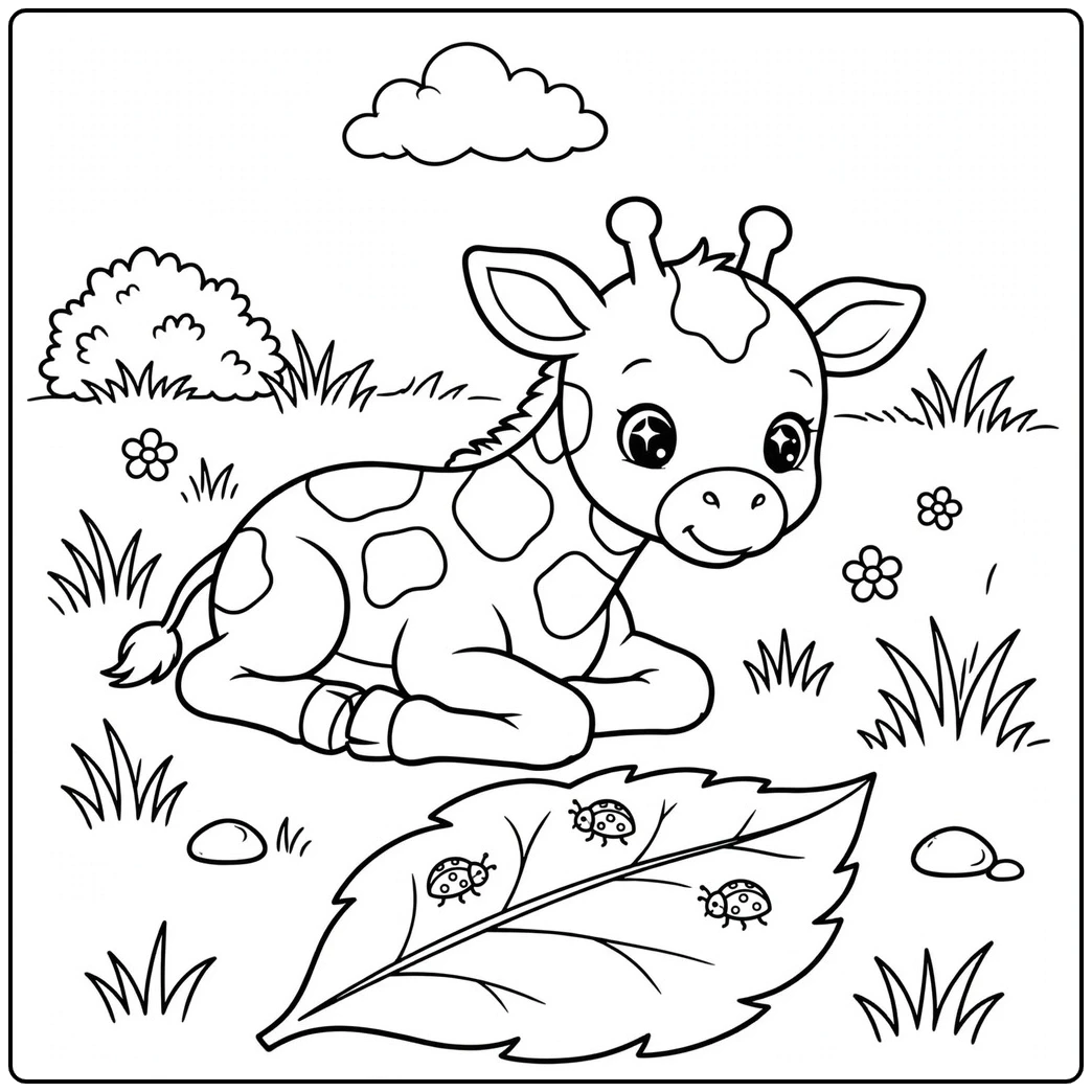 Baby giraffe lies in soft grass while watching three ladybugs crawl across a large leaf