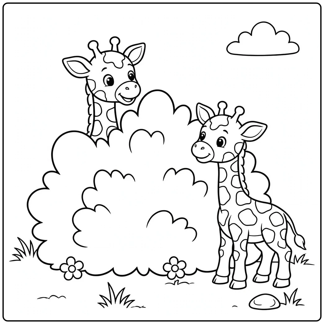 Two young giraffes play hide and seek around a large rounded bush in the grass