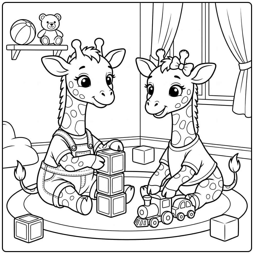 Two dressed baby giraffes play with blocks and a toy train in a cozy playroom.