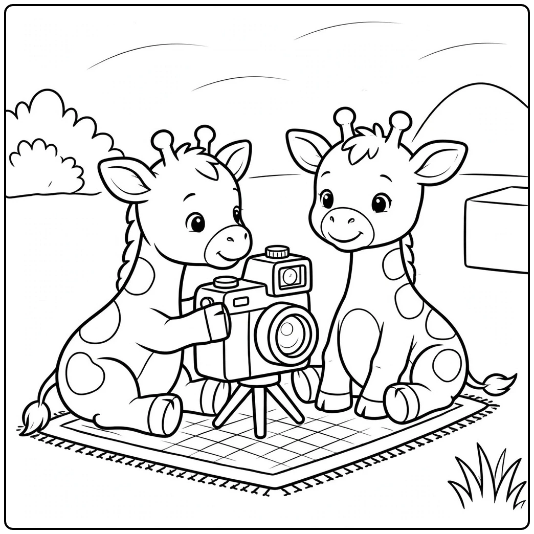 Two baby giraffes sit beside a toy camera on a tripod during an outdoor play session