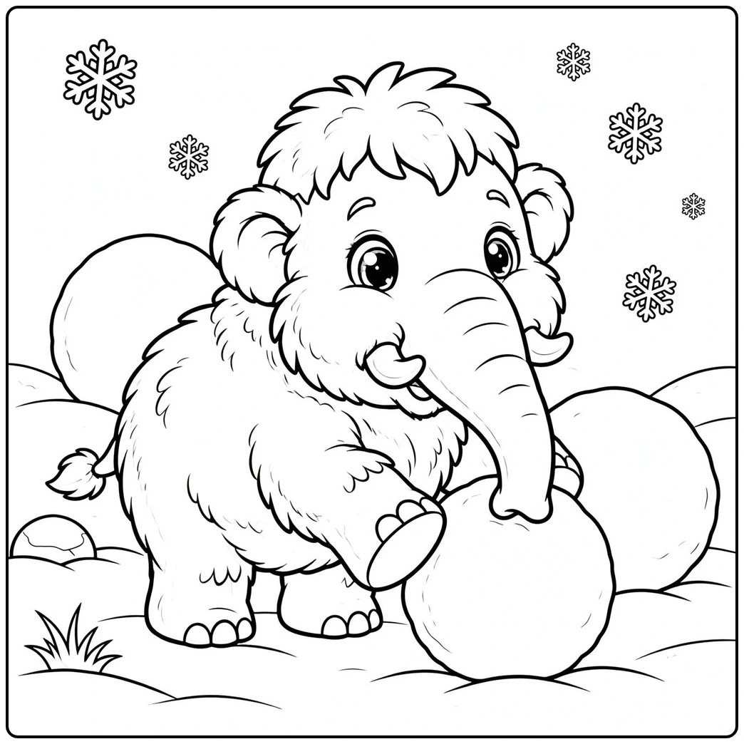 Big-eyed baby mammoth nudges a snowball with its trunk in a snowy field.