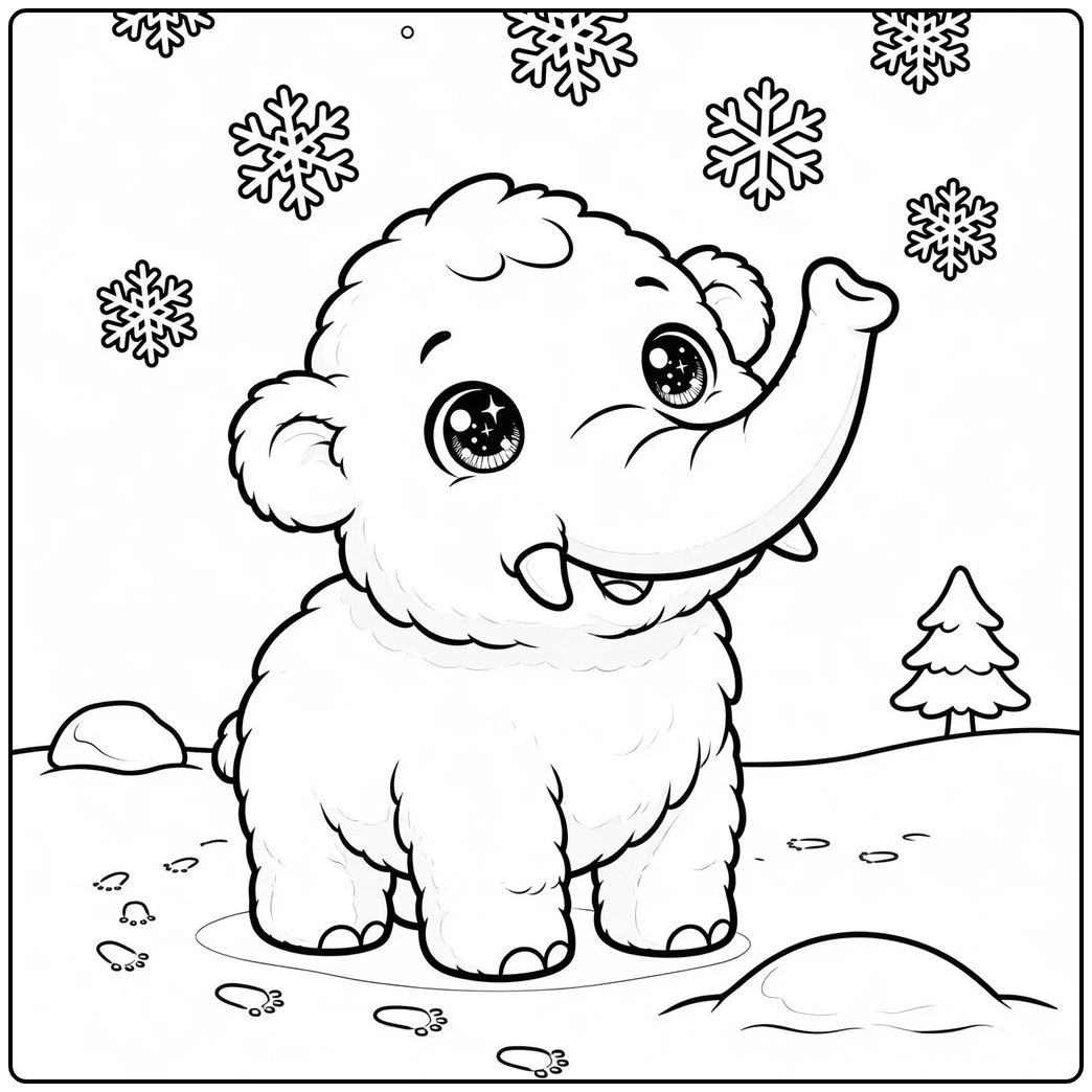 Snowflakes drift above a baby woolly mammoth coloring page with its trunk raised.