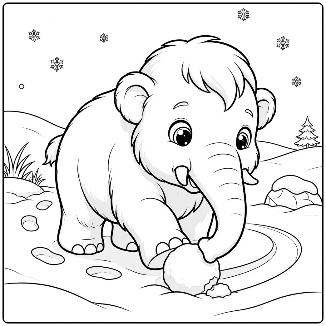 Big-eyed baby mammoth rolls a round snowball across a simple snowy trail.