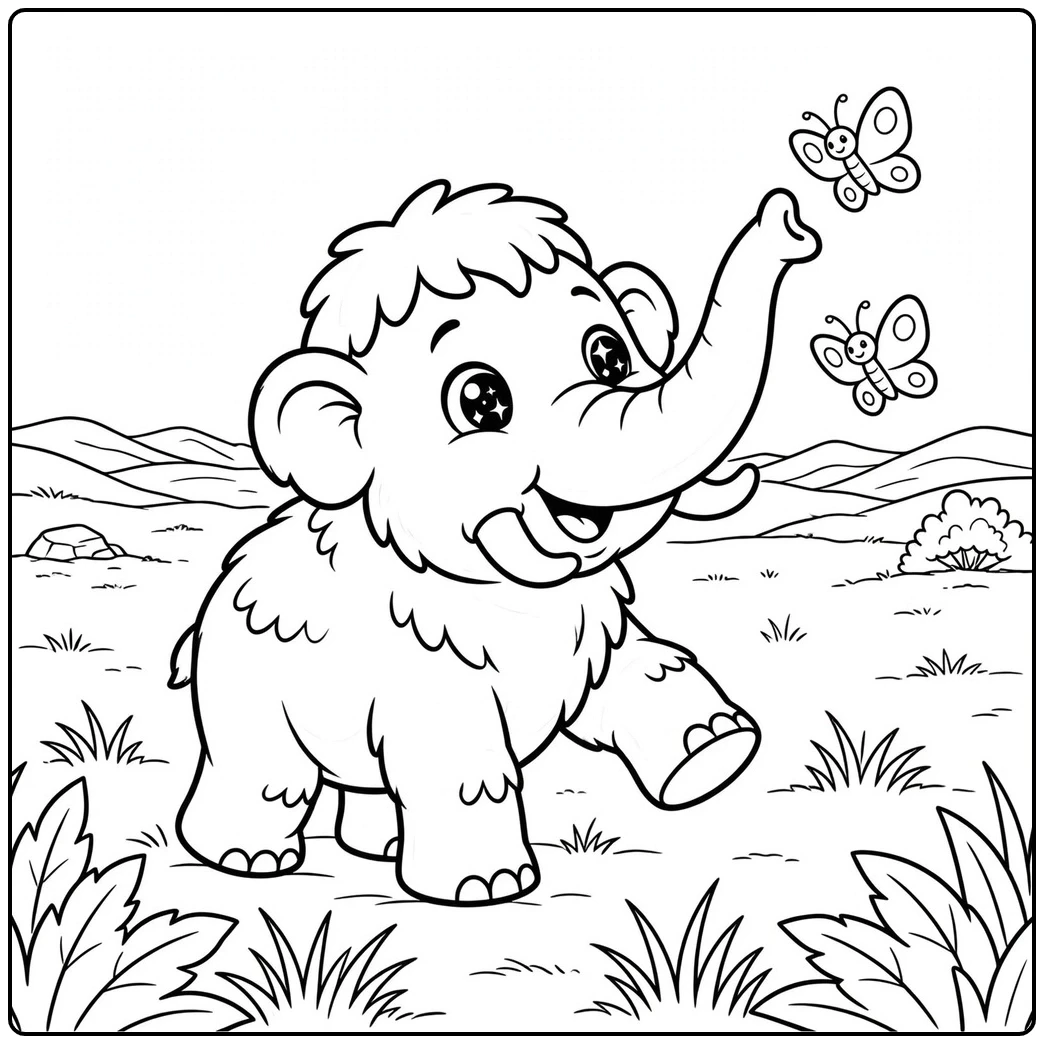 Baby mammoth coloring page with raised trunk, butterflies, and grassy hills