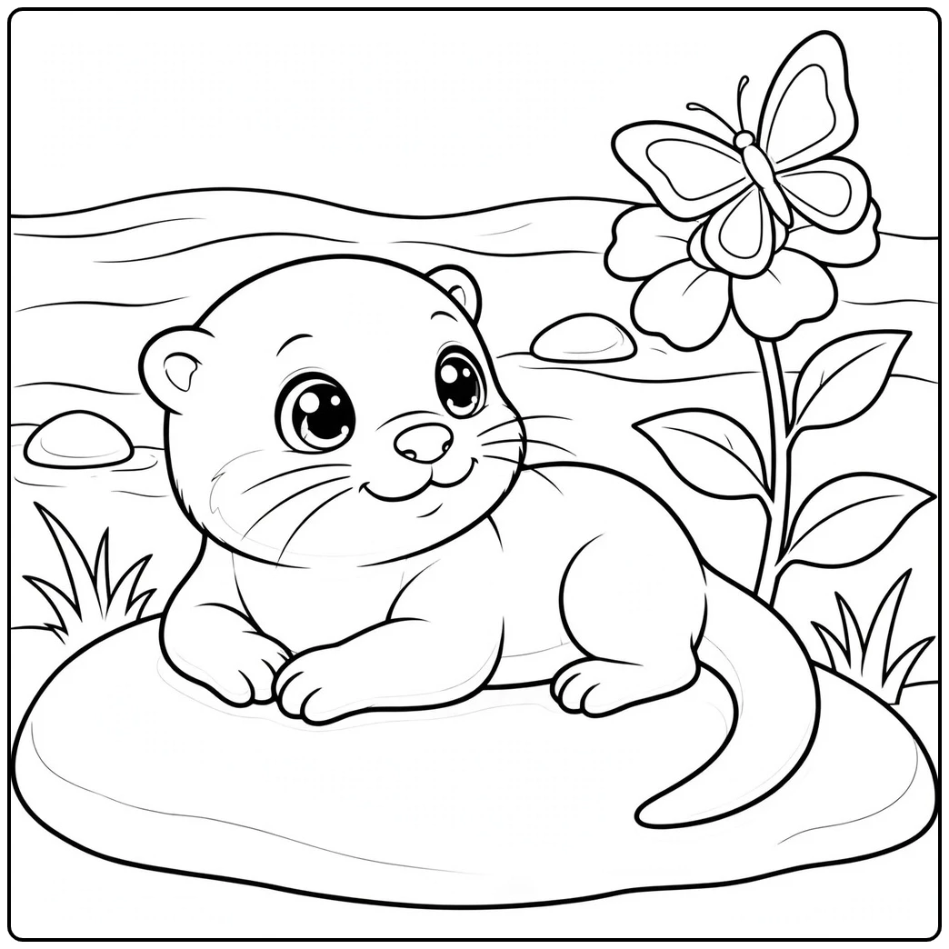 Wide-eyed baby otter rests on a riverside rock beside a flower and butterfly.
