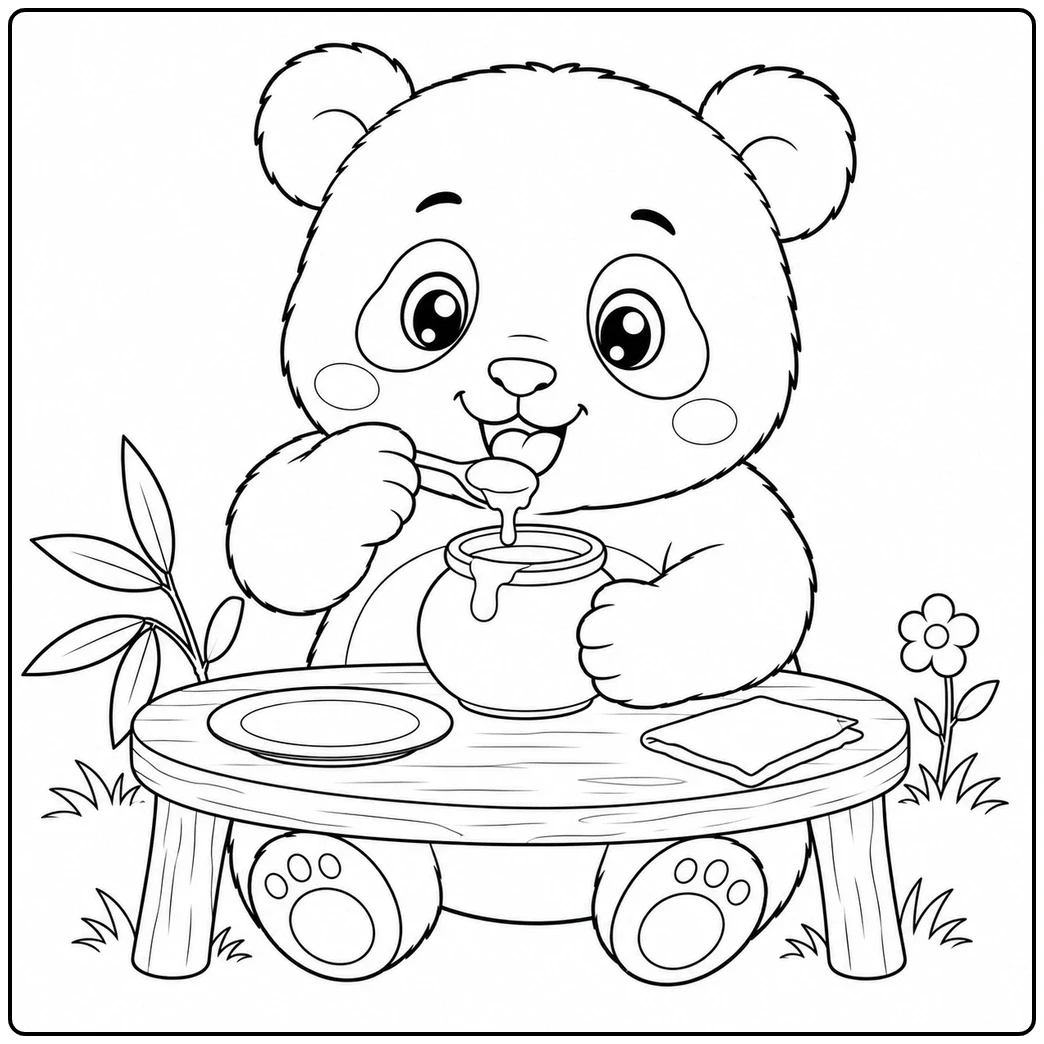 Panda eats honey from a jar at a table in a cute baby panda coloring page