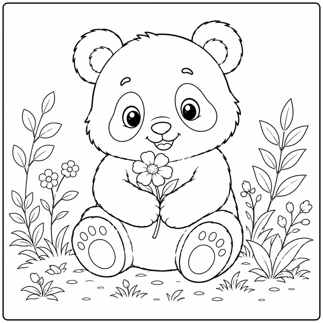 Baby panda holds a flower while sitting among leafy plants and tiny blossoms