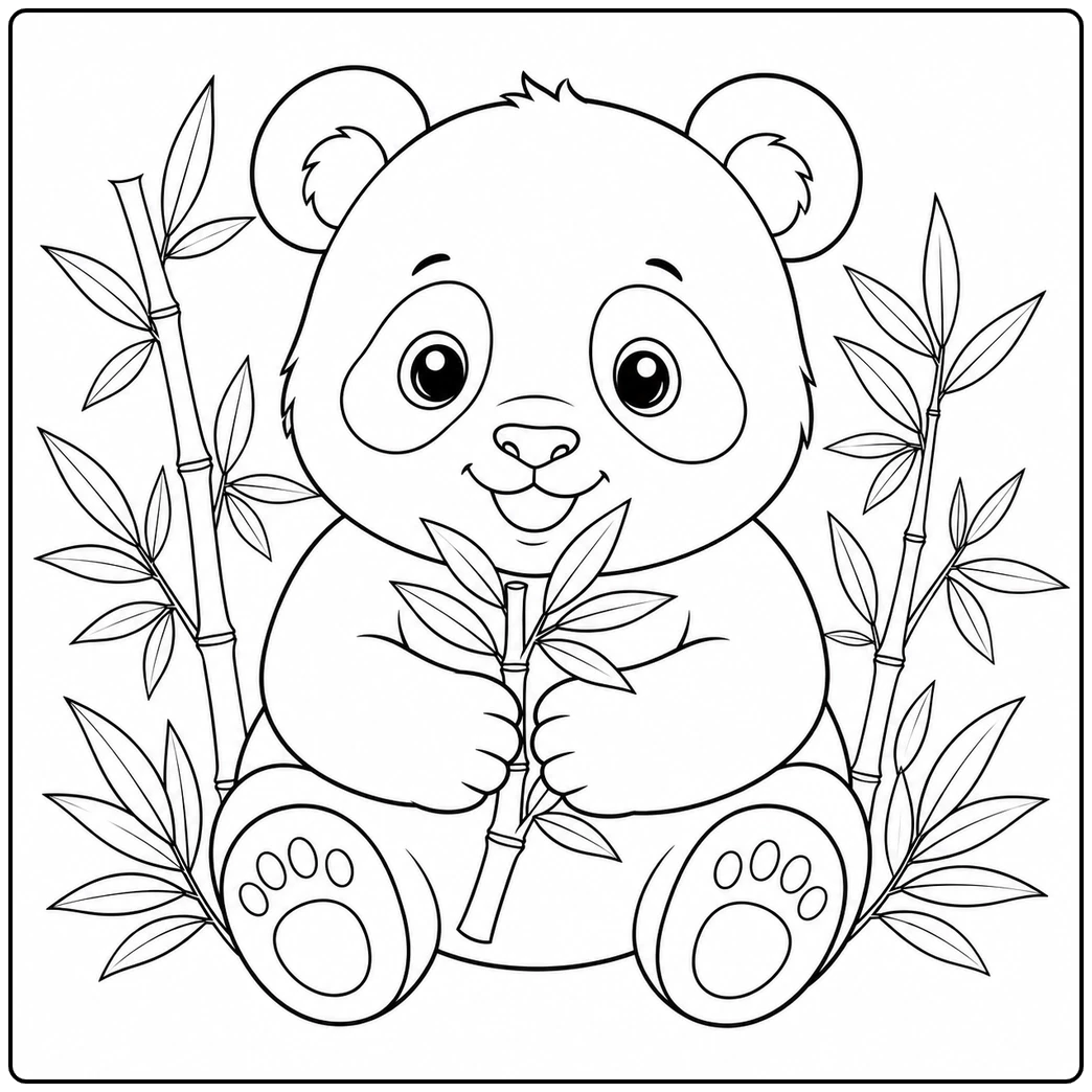 Baby panda holding bamboo in a panda coloring page surrounded by leafy stalks