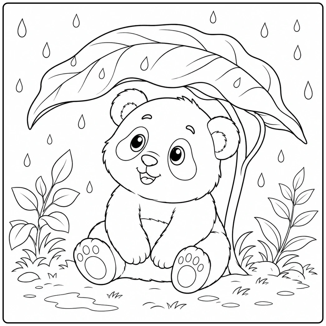 Baby panda shelters under a giant leaf while raindrops fall around small plants
