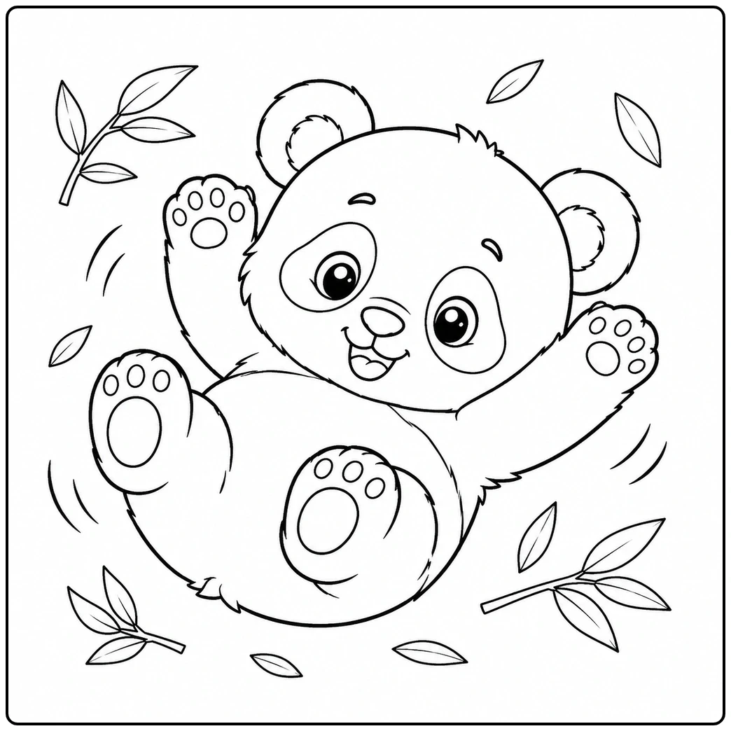 Cute baby panda coloring page with a cub tumbling backward among drifting leaves