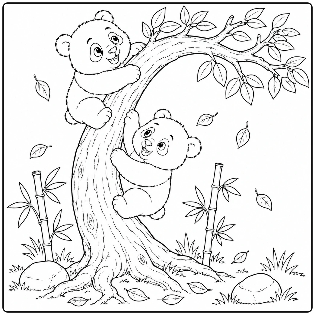 Two baby pandas climb a curved tree trunk surrounded by bamboo and falling leaves