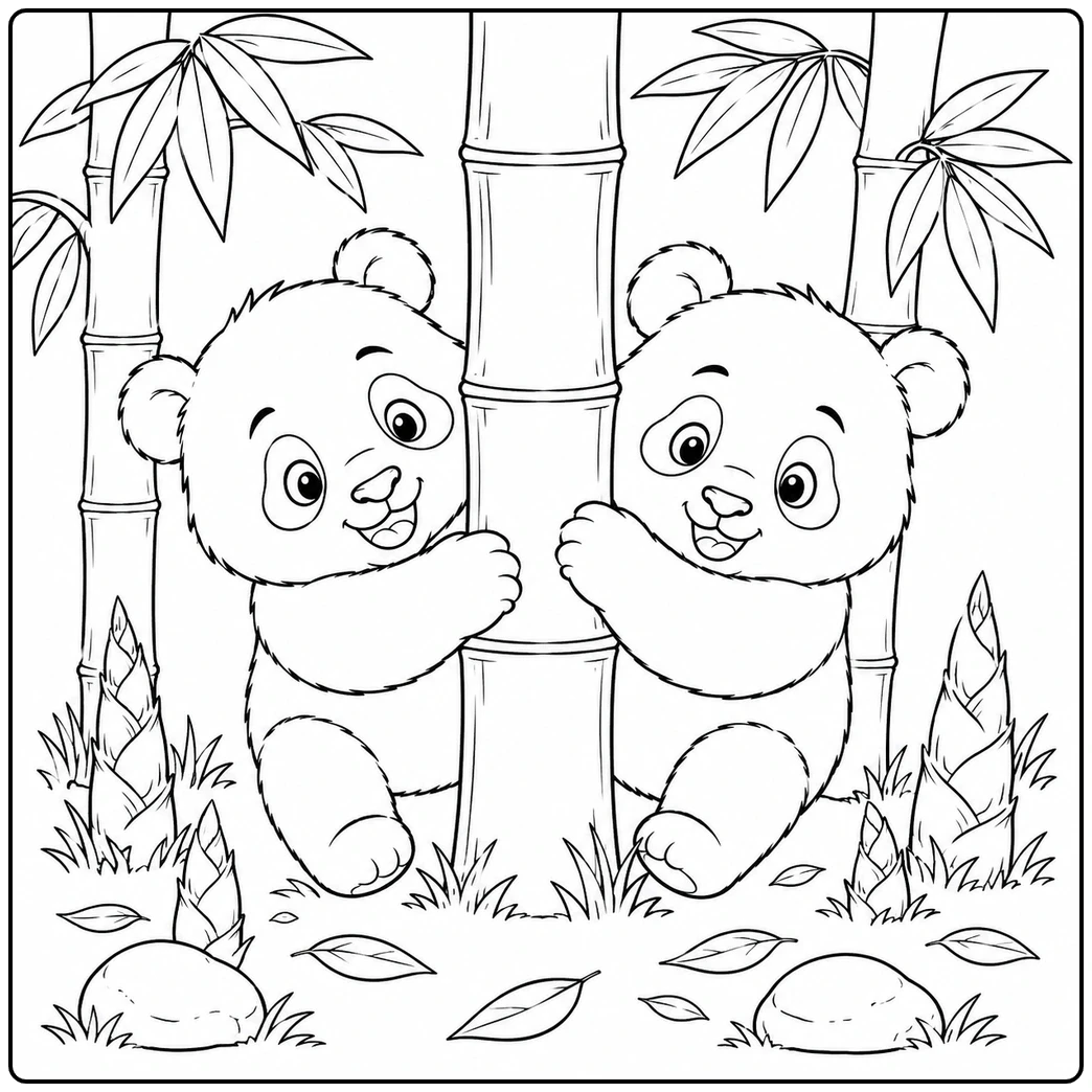 Two baby pandas hug bamboo stalks in a playful cute baby panda coloring page