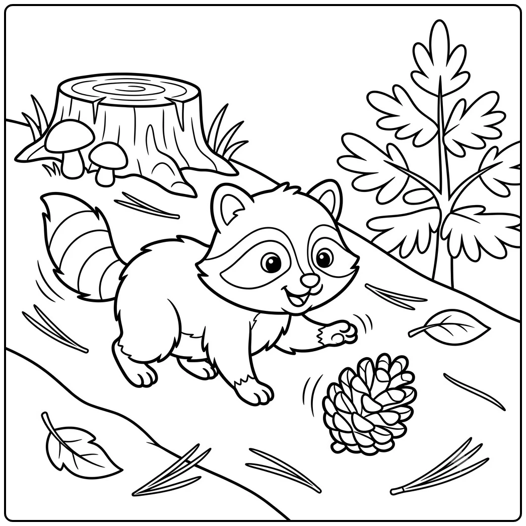 Young raccoon chases a rolling pinecone down a gentle forest slope
