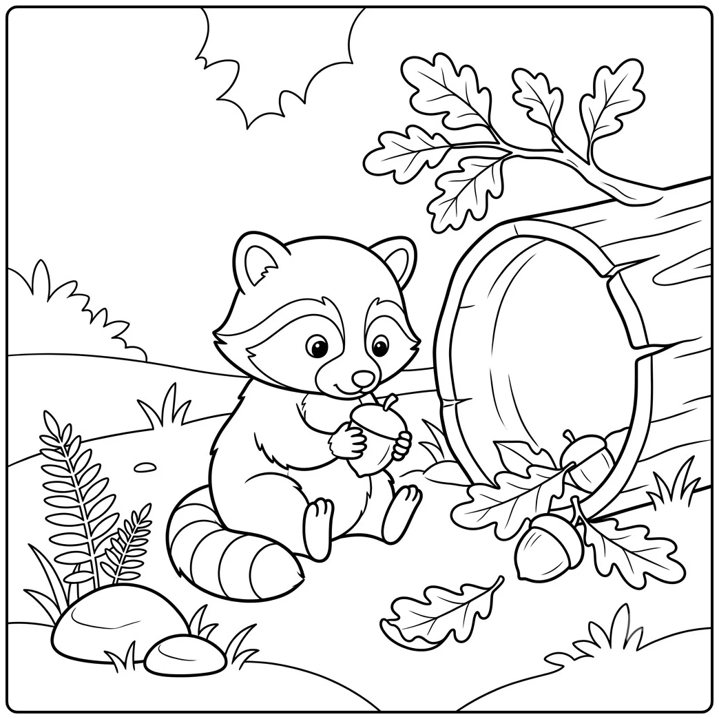 Baby raccoon holding an acorn beside a hollow log, baby racoon coloring page