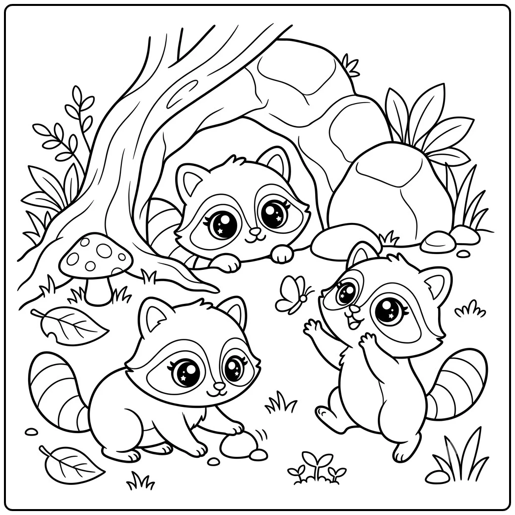 Three baby raccoons play by a cave entrance with a butterfly and pebbles