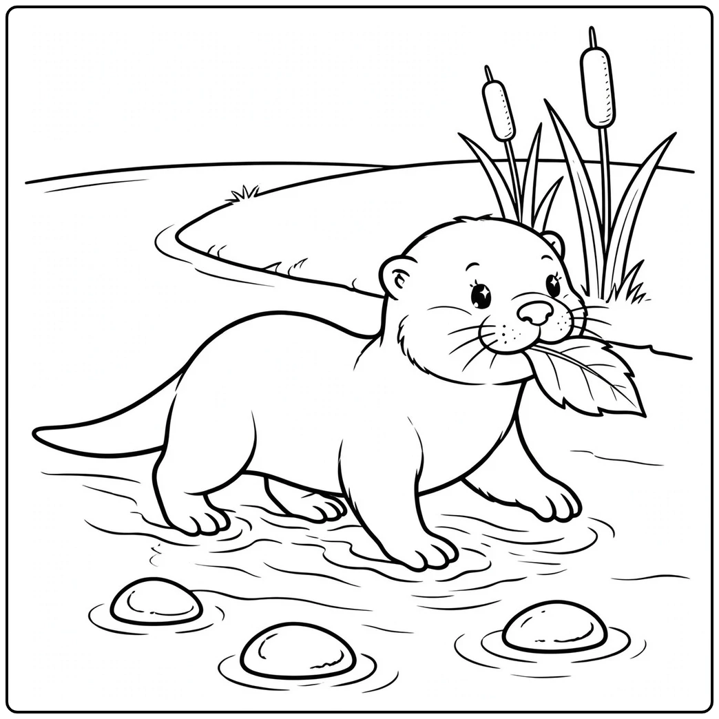 A little river otter carries a large leaf through a shallow stream beside cattails.