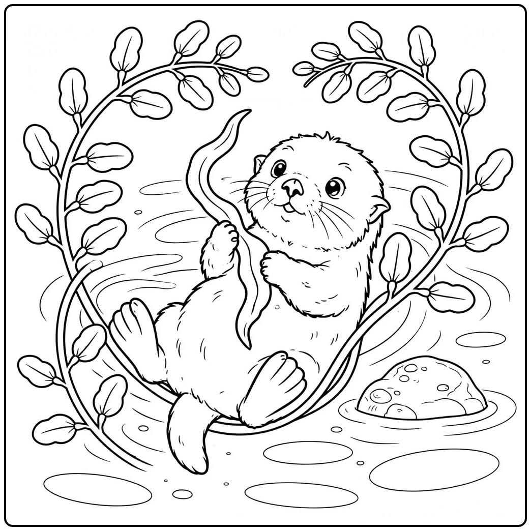 A baby sea otter coloring page featuring a fluffy pup holding kelp while floating.