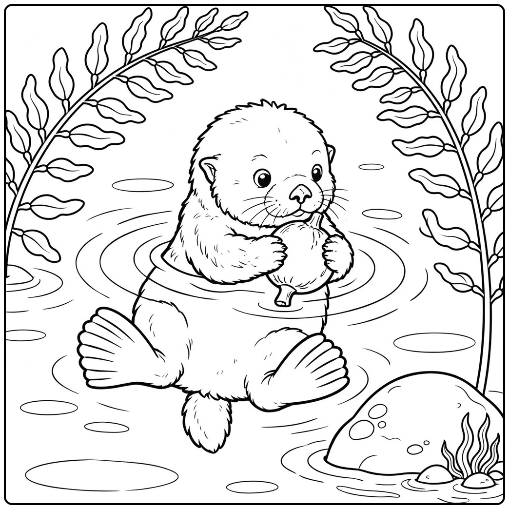 A fluffy sea otter pup holds a kelp bulb while floating among leafy fronds.