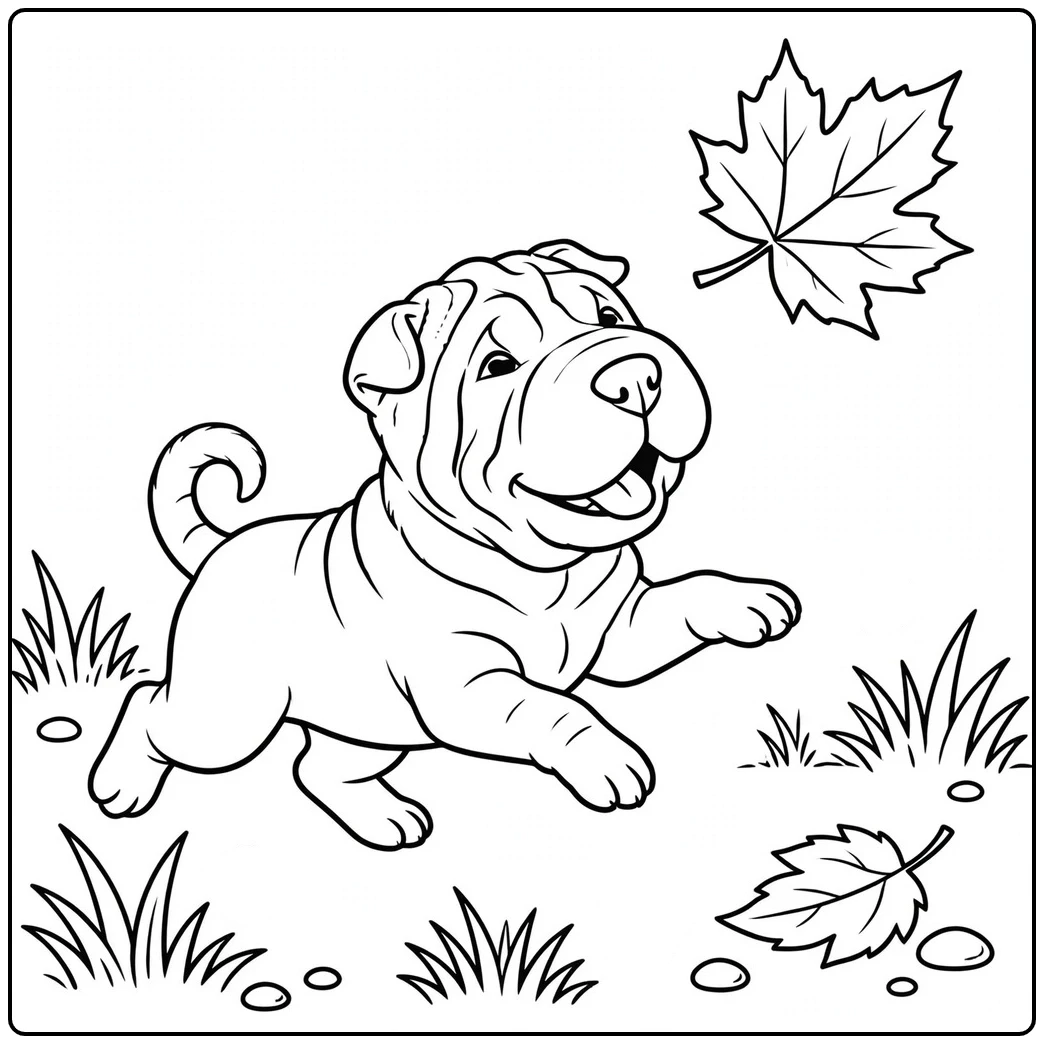 Baby Shar Pei coloring page chasing a large falling leaf across a grassy yard.